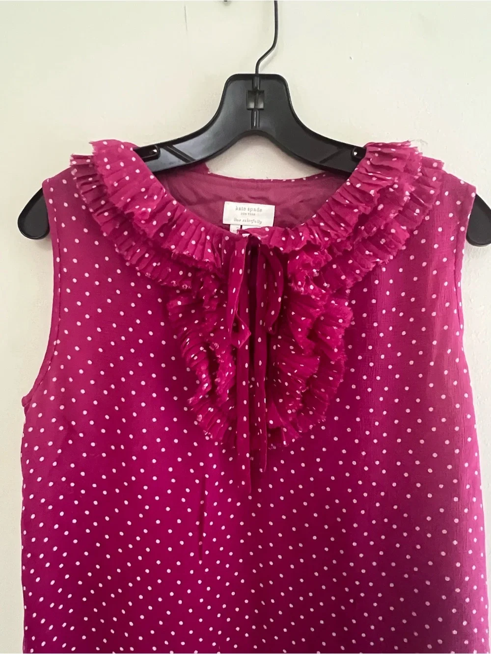 Kate Spade Sleeveless Ruffle Tie-Neck Polka Dot Top - Magenta
